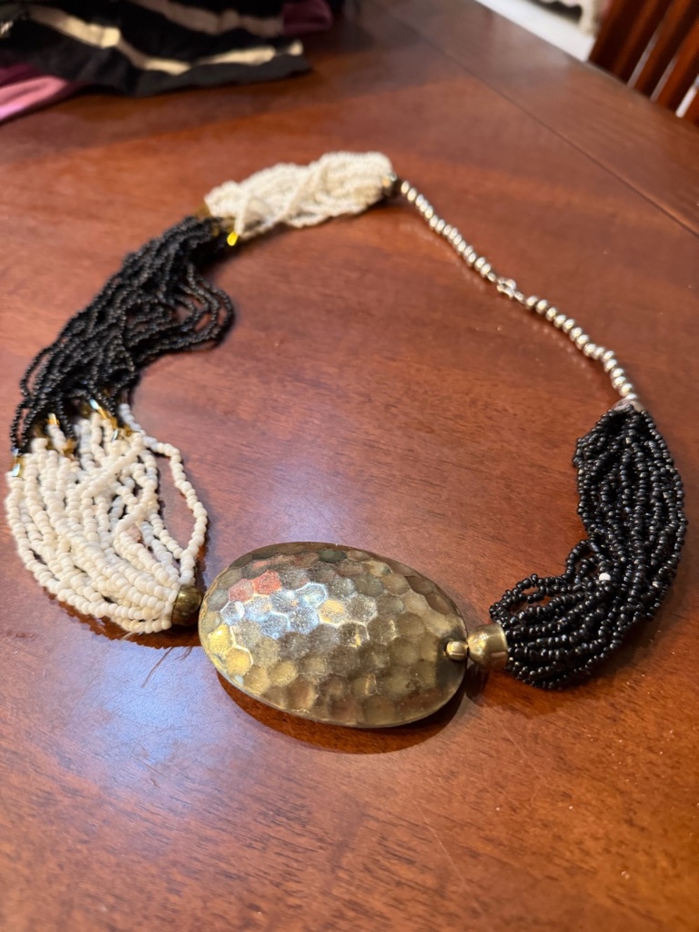 Black & Cream Beaded Necklace with Hammered Gold Pendant